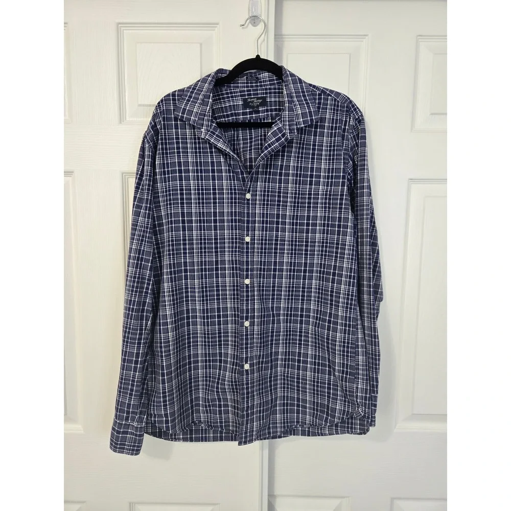 J. Crew Thompson Shirtings Mens XL Navy Blue White Plaid 80s 2-Ply Cotton Shirt